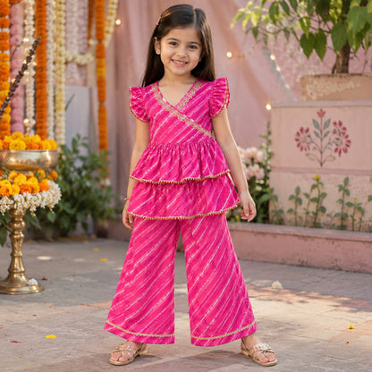 The Magic Wand Cambric Woven Ruffle Sleeves Leheriya Printed Layered Peplum Top And Pant Set - Pink