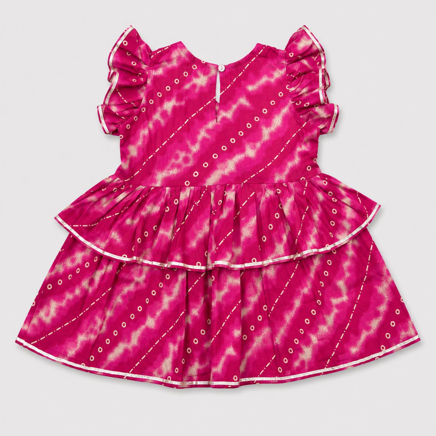 The Magic Wand Cambric Woven Ruffle Sleeves Leheriya Printed Layered Peplum Top And Pant Set - Fuchsia