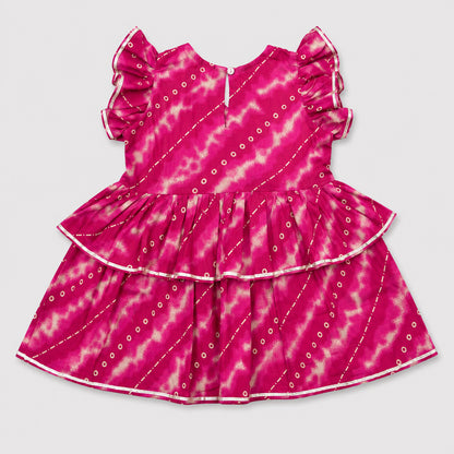 The Magic Wand Cambric Woven Ruffle Sleeves Leheriya Printed Layered Peplum Top And Pant Set - Fuchsia