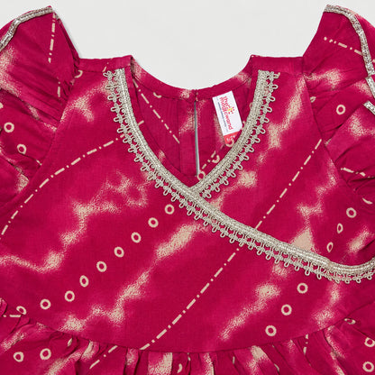 The Magic Wand Cambric Woven Ruffle Sleeves Leheriya Printed Layered Peplum Top And Pant Set - Fuchsia