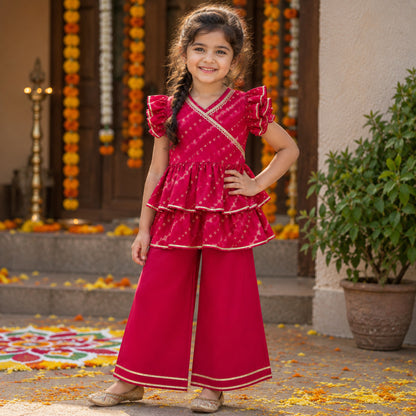 The Magic Wand Cambric Woven Ruffle Sleeves Leheriya Printed Layered Peplum Top And Pant Set - Fuchsia