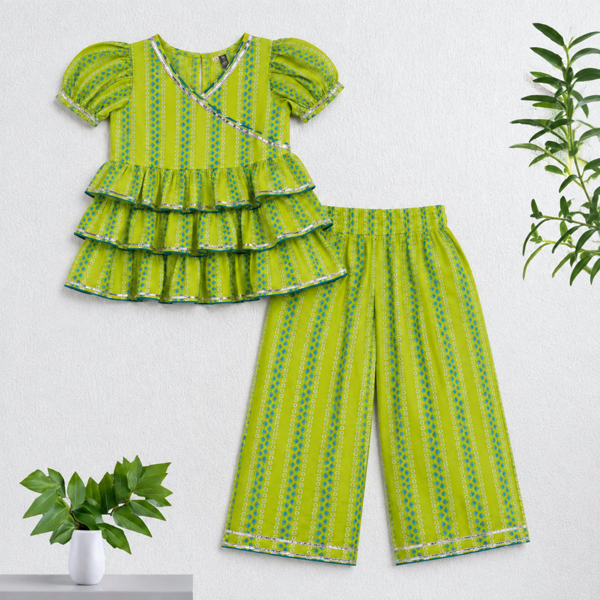 The Magic Wand Cambric Woven Ruffle Sleeves Buti Stripe Printed Layered Peplum Top And Pant Set - Green