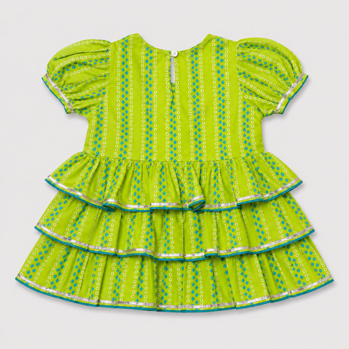 The Magic Wand Cambric Woven Ruffle Sleeves Buti Stripe Printed Layered Peplum Top And Pant Set - Green