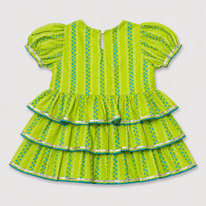 The Magic Wand Cambric Woven Ruffle Sleeves Buti Stripe Printed Layered Peplum Top And Pant Set - Green
