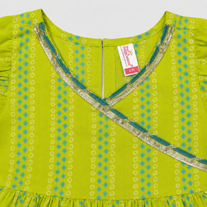 The Magic Wand Cambric Woven Ruffle Sleeves Buti Stripe Printed Layered Peplum Top And Pant Set - Green