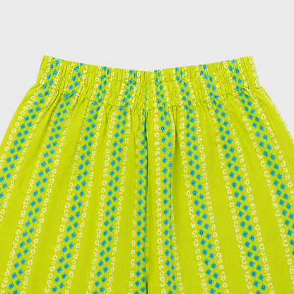 The Magic Wand Cambric Woven Ruffle Sleeves Buti Stripe Printed Layered Peplum Top And Pant Set - Green