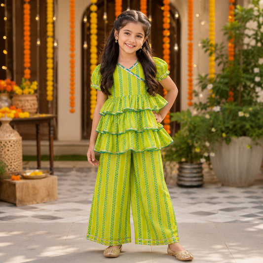 The Magic Wand Cambric Woven Ruffle Sleeves Buti Stripe Printed Layered Peplum Top And Pant Set - Green