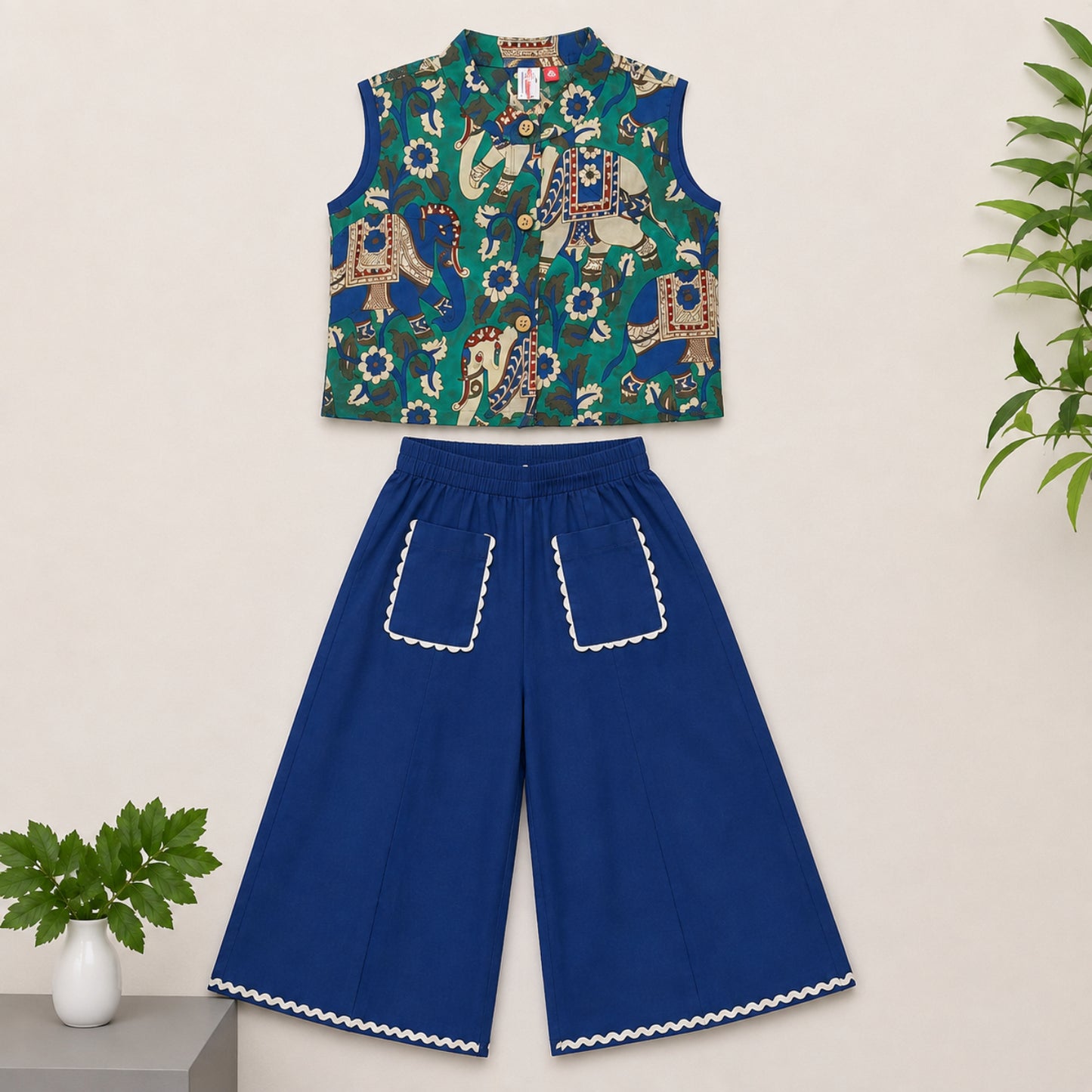 The Magic Wand Cambric Woven Ethnic Animal Printed Top And Laced Palazzo Set - Green