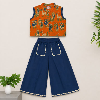 The Magic Wand Cambric Woven Ethnic Animal Printed Top And Laced Palazzo Set - Orange