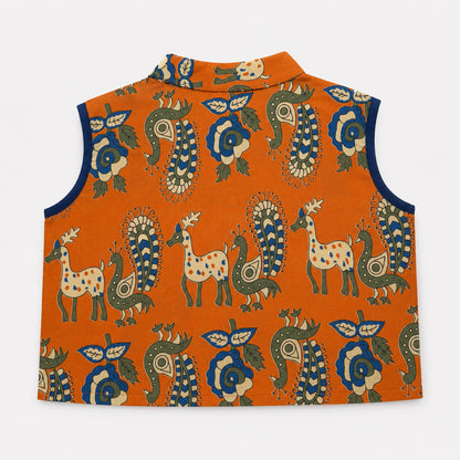 The Magic Wand Cambric Woven Ethnic Animal Printed Top And Laced Palazzo Set - Orange