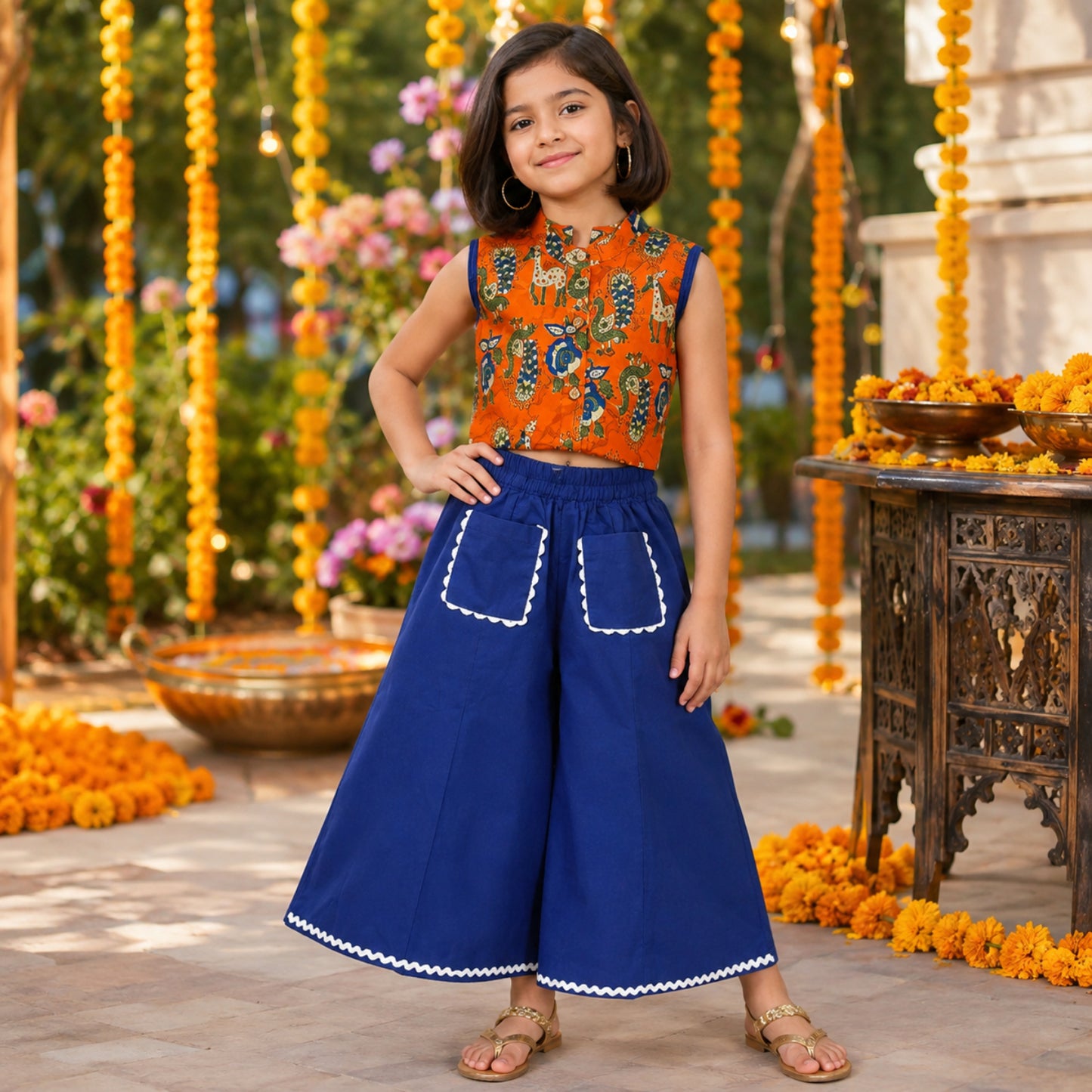 The Magic Wand Cambric Woven Ethnic Animal Printed Top And Laced Palazzo Set - Orange