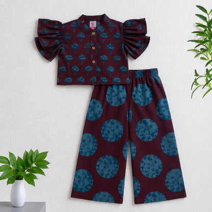 The Magic Wand Cambric Woven Ruffle Sleeves Tree Printed Crop Shirt And Oversized Polka Dots Pant Set - Wine