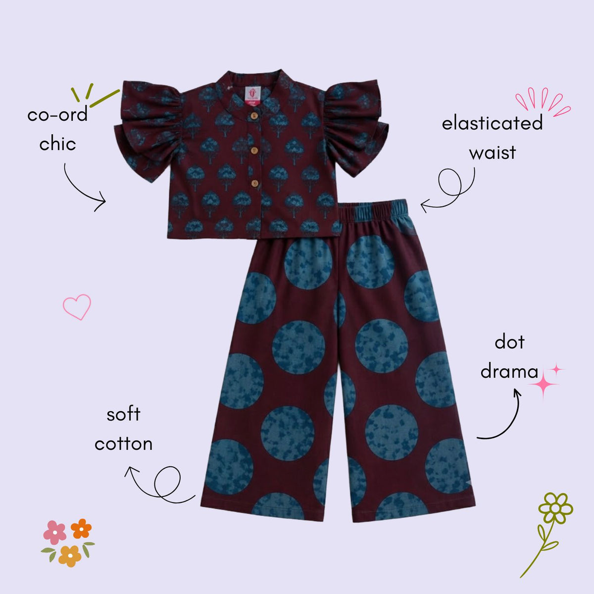 The Magic Wand Cambric Woven Ruffle Sleeves Tree Printed Crop Shirt And Oversized Polka Dots Pant Set - Wine
