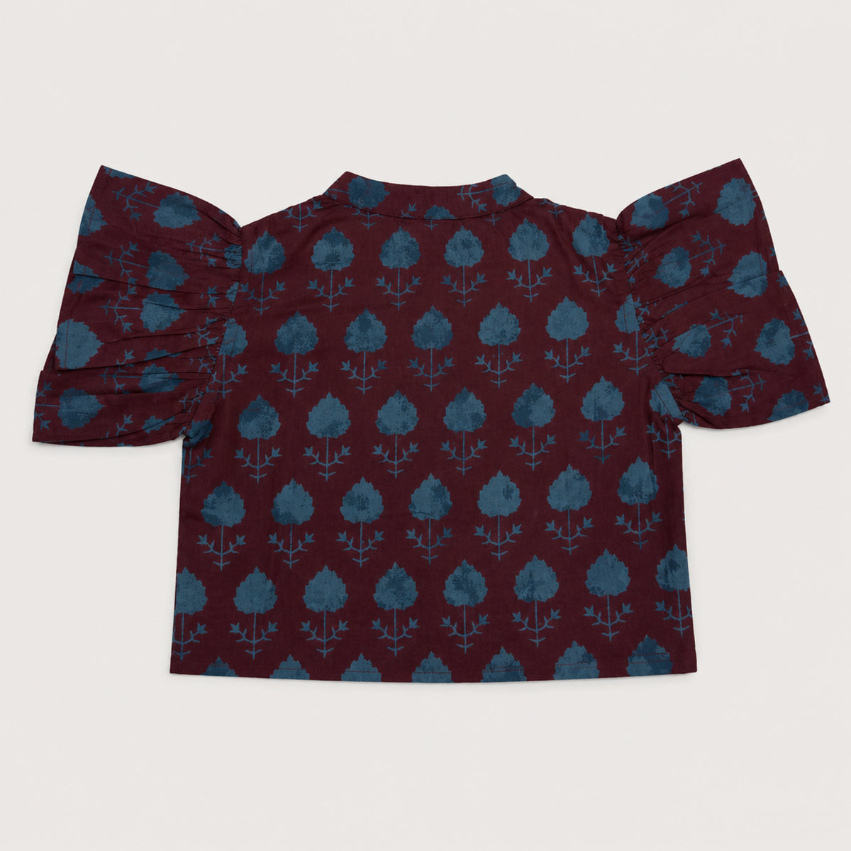 The Magic Wand Cambric Woven Ruffle Sleeves Tree Printed Crop Shirt And Oversized Polka Dots Pant Set - Wine