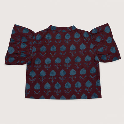 The Magic Wand Cambric Woven Ruffle Sleeves Tree Printed Crop Shirt And Oversized Polka Dots Pant Set - Wine