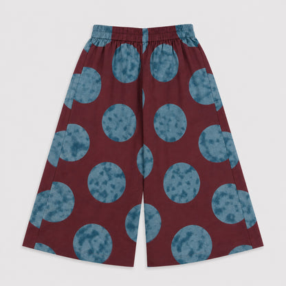 The Magic Wand Cambric Woven Ruffle Sleeves Tree Printed Crop Shirt And Oversized Polka Dots Pant Set - Wine
