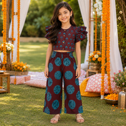 The Magic Wand Cambric Woven Ruffle Sleeves Tree Printed Crop Shirt And Oversized Polka Dots Pant Set - Wine