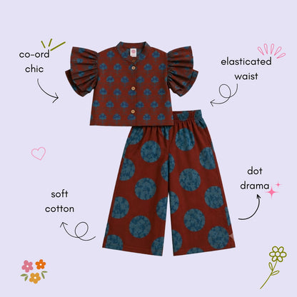 The Magic Wand Cambric Woven Ruffle Sleeves Tree Printed Crop Shirt And Oversized Polka Dots Pant Set - Rust