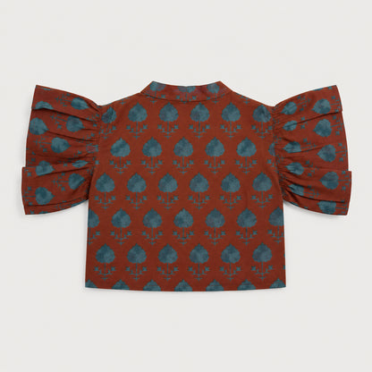 The Magic Wand Cambric Woven Ruffle Sleeves Tree Printed Crop Shirt And Oversized Polka Dots Pant Set - Rust