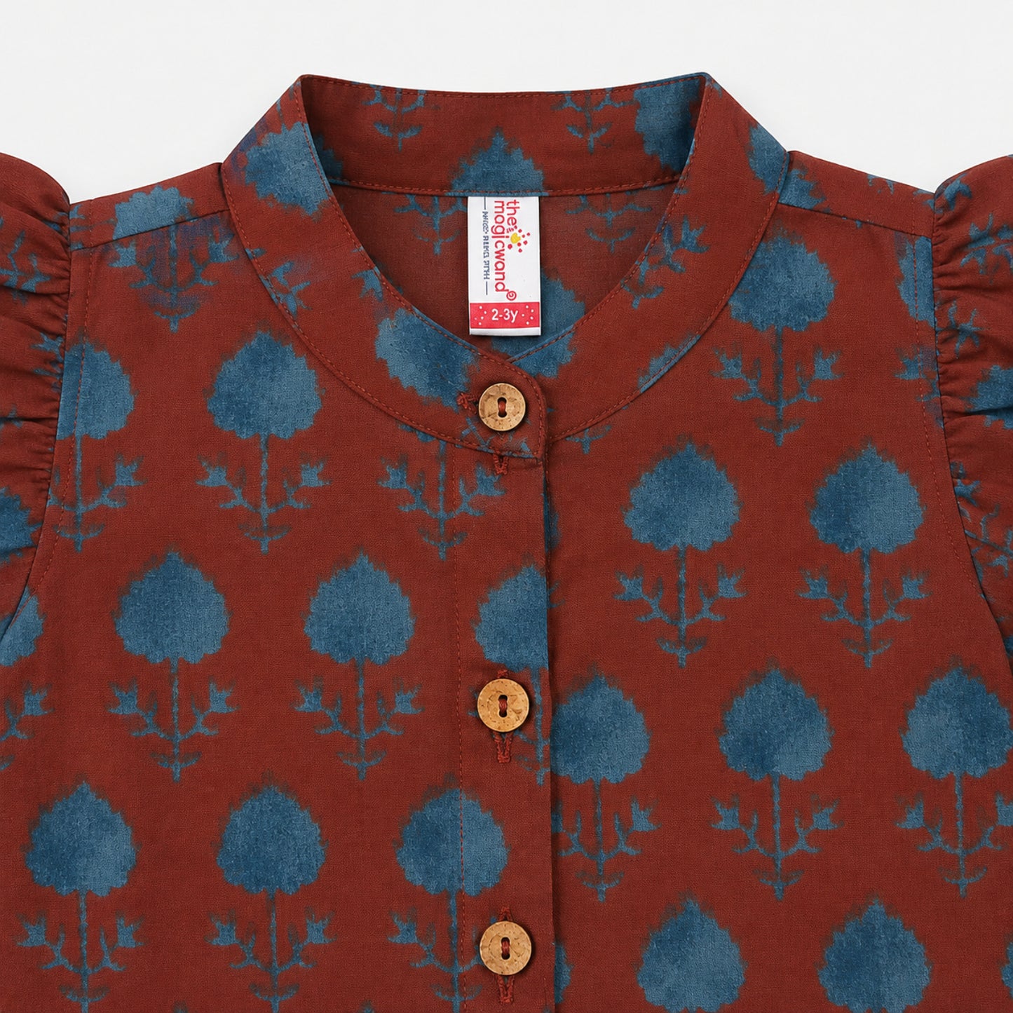 The Magic Wand Cambric Woven Ruffle Sleeves Tree Printed Crop Shirt And Oversized Polka Dots Pant Set - Rust