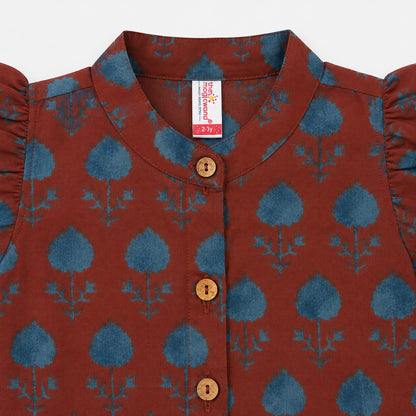 The Magic Wand Cambric Woven Ruffle Sleeves Tree Printed Crop Shirt And Oversized Polka Dots Pant Set - Rust
