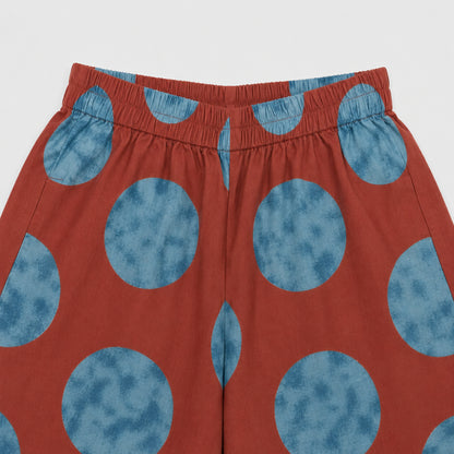 The Magic Wand Cambric Woven Ruffle Sleeves Tree Printed Crop Shirt And Oversized Polka Dots Pant Set - Rust