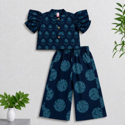 The Magic Wand Cambric Woven Ruffle Sleeves Tree Printed Crop Shirt And Oversized Polka Dots Pant Set - Navy Blue