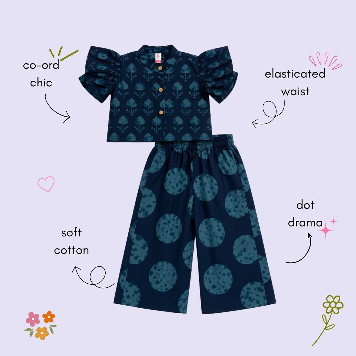 The Magic Wand Cambric Woven Ruffle Sleeves Tree Printed Crop Shirt And Oversized Polka Dots Pant Set - Navy Blue