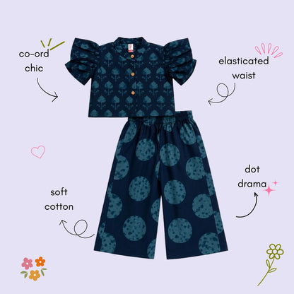 The Magic Wand Cambric Woven Ruffle Sleeves Tree Printed Crop Shirt And Oversized Polka Dots Pant Set - Navy Blue