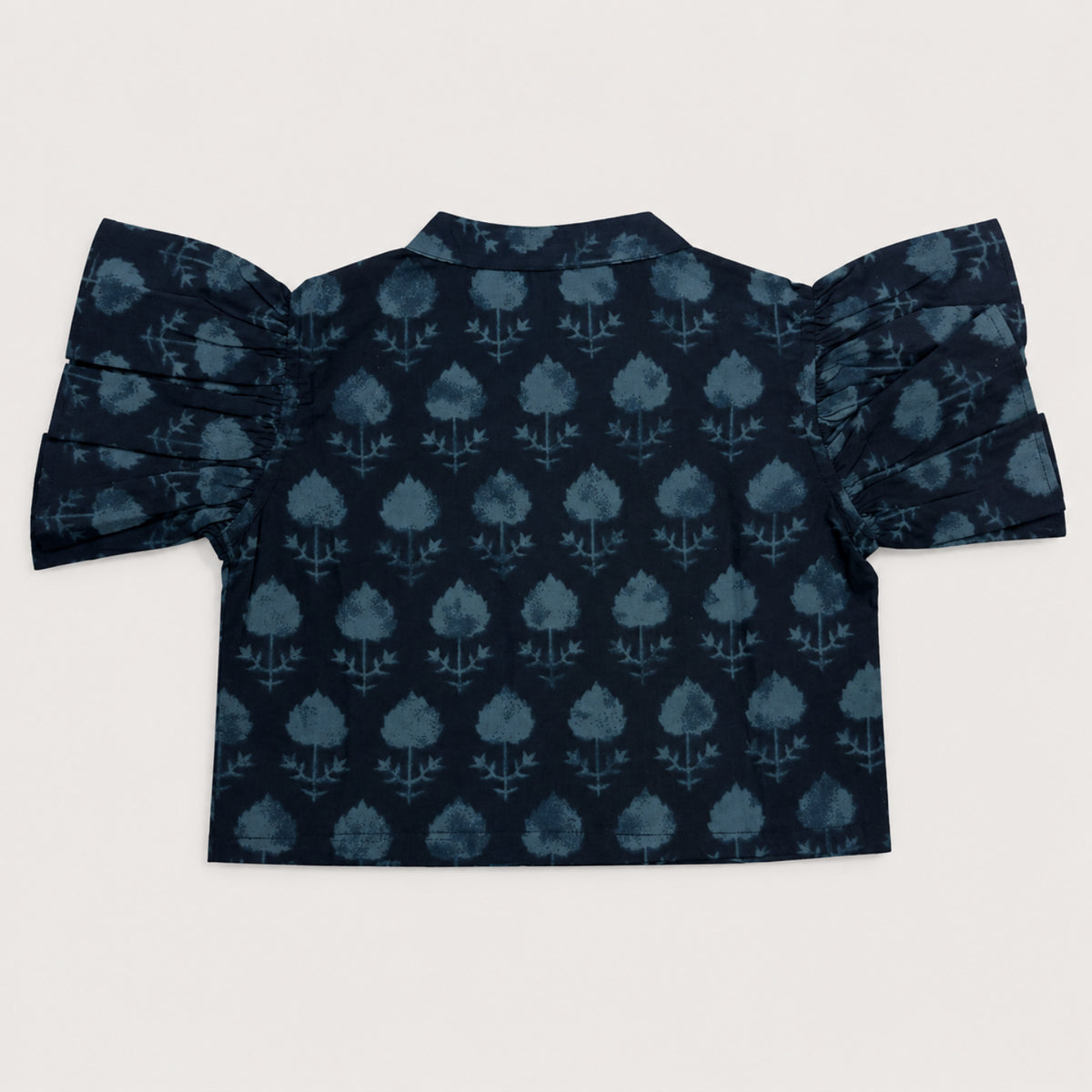 The Magic Wand Cambric Woven Ruffle Sleeves Tree Printed Crop Shirt And Oversized Polka Dots Pant Set - Navy Blue