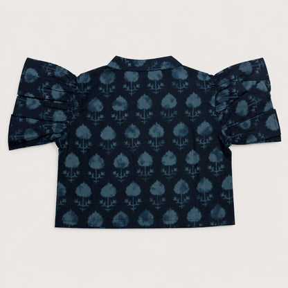 The Magic Wand Cambric Woven Ruffle Sleeves Tree Printed Crop Shirt And Oversized Polka Dots Pant Set - Navy Blue