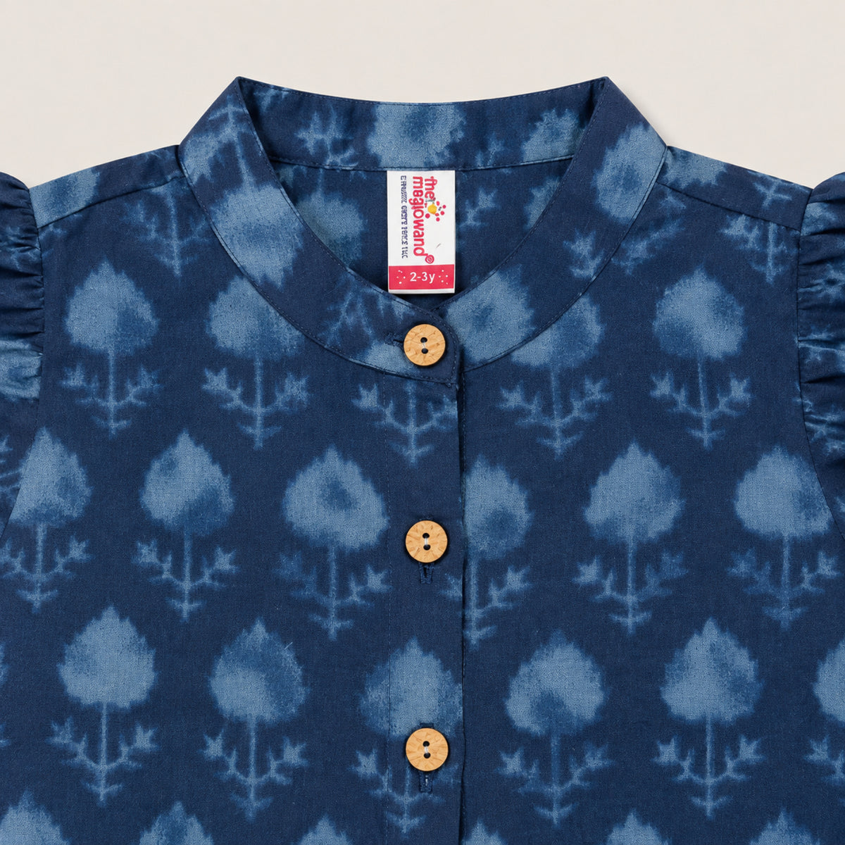 The Magic Wand Cambric Woven Ruffle Sleeves Tree Printed Crop Shirt And Oversized Polka Dots Pant Set - Navy Blue