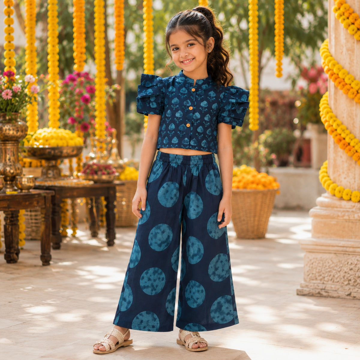 The Magic Wand Cambric Woven Ruffle Sleeves Tree Printed Crop Shirt And Oversized Polka Dots Pant Set - Navy Blue