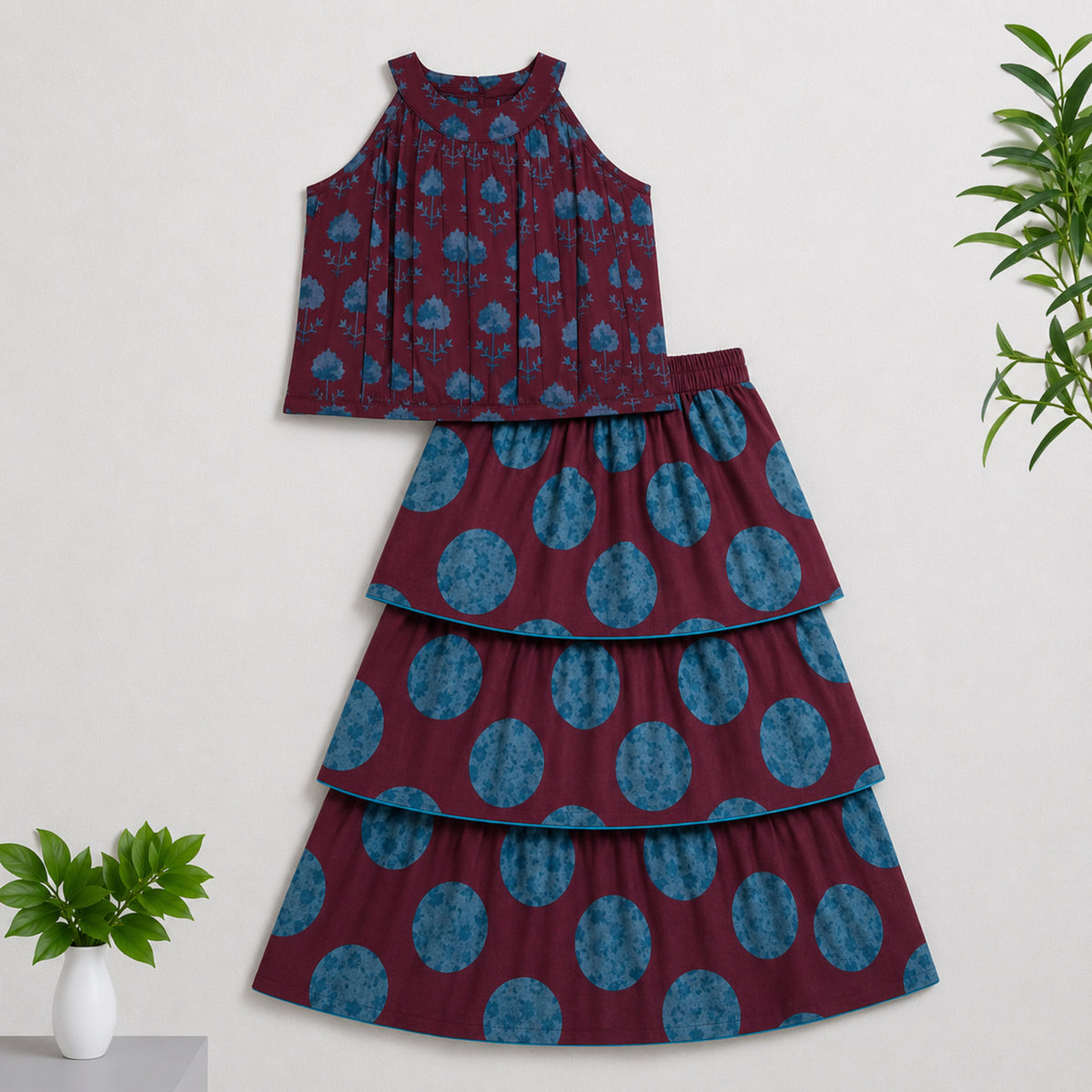 The Magic Wand Cambric Woven Tree Printed Crop Top And Oversized Polka Dots Tiered Skirt Set - Wine