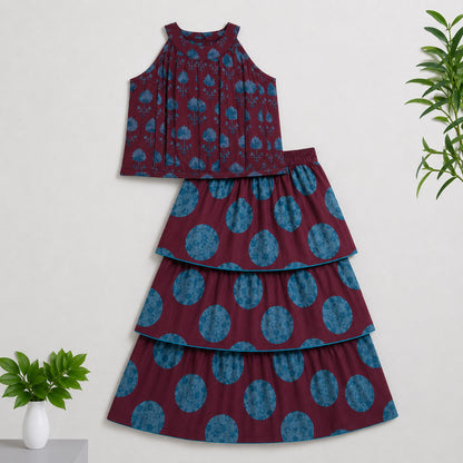 The Magic Wand Cambric Woven Tree Printed Crop Top And Oversized Polka Dots Tiered Skirt Set - Wine