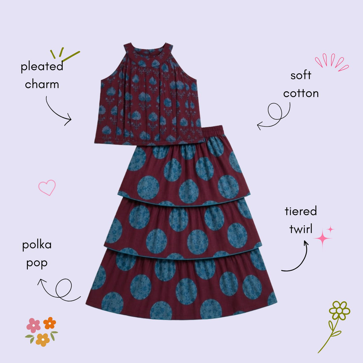 The Magic Wand Cambric Woven Tree Printed Crop Top And Oversized Polka Dots Tiered Skirt Set - Wine