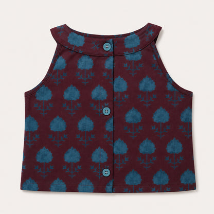 The Magic Wand Cambric Woven Tree Printed Crop Top And Oversized Polka Dots Tiered Skirt Set - Wine