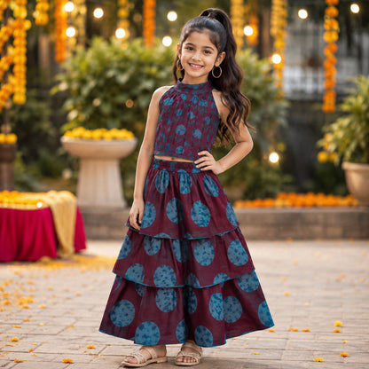 The Magic Wand Cambric Woven Tree Printed Crop Top And Oversized Polka Dots Tiered Skirt Set - Wine