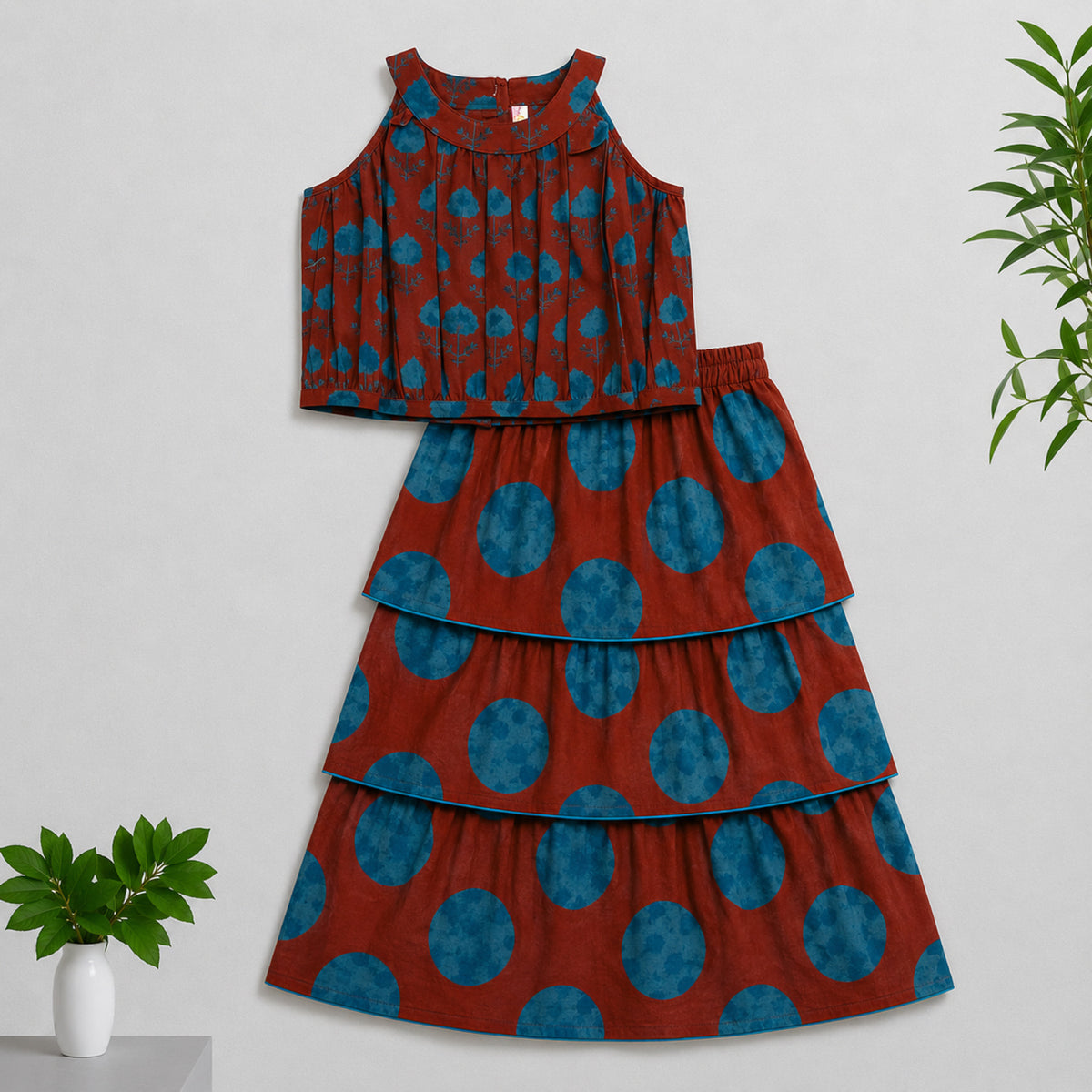 The Magic Wand Cambric Woven Tree Printed Crop Top And Oversized Polka Dots Tiered Skirt Set - Rust