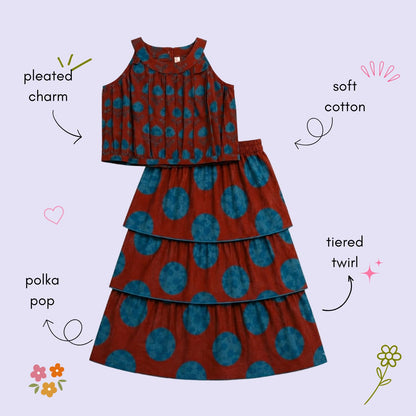 The Magic Wand Cambric Woven Tree Printed Crop Top And Oversized Polka Dots Tiered Skirt Set - Rust