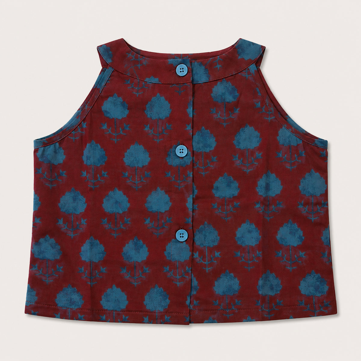 The Magic Wand Cambric Woven Tree Printed Crop Top And Oversized Polka Dots Tiered Skirt Set - Rust