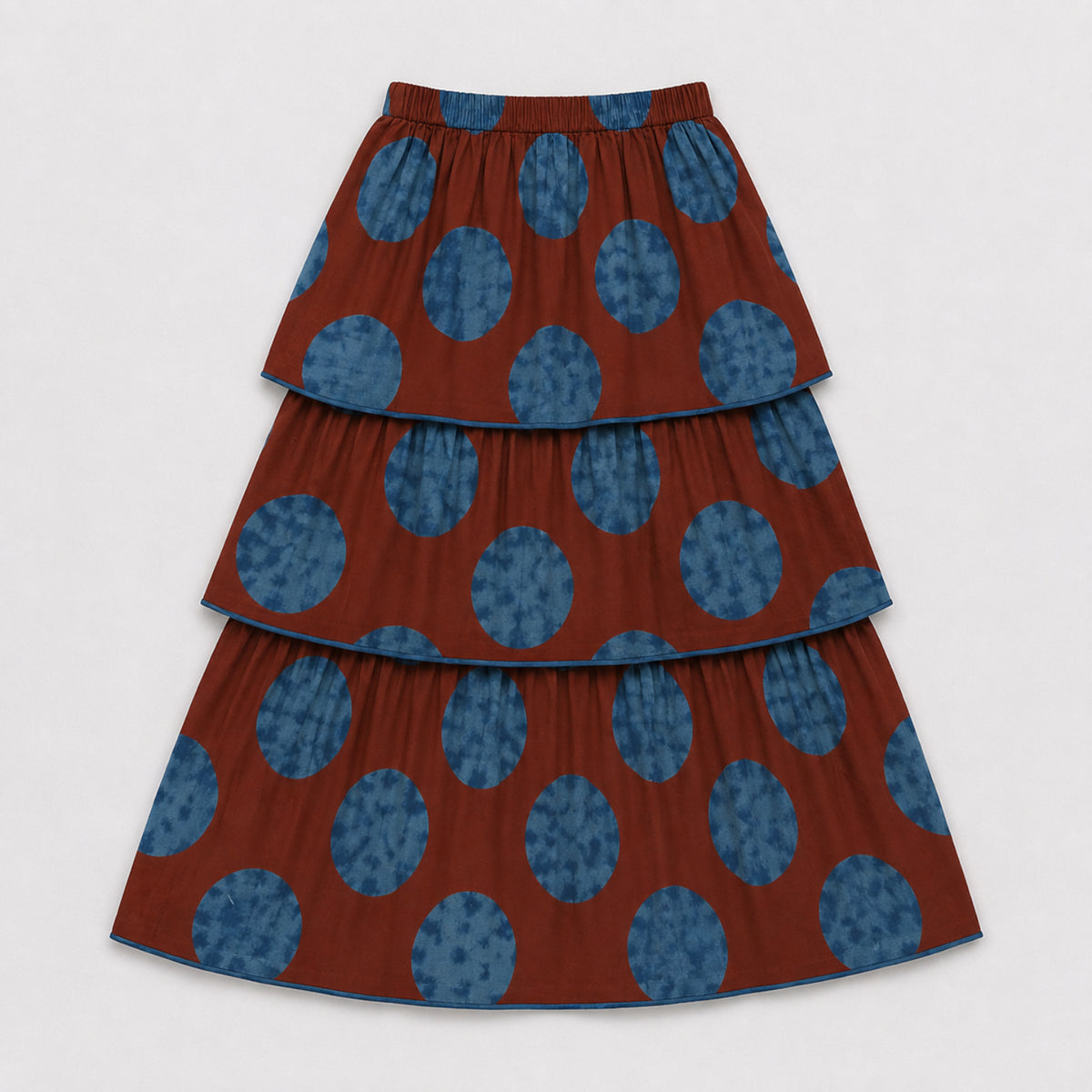 The Magic Wand Cambric Woven Tree Printed Crop Top And Oversized Polka Dots Tiered Skirt Set - Rust
