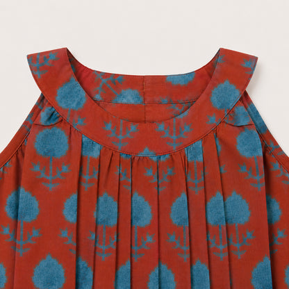 The Magic Wand Cambric Woven Tree Printed Crop Top And Oversized Polka Dots Tiered Skirt Set - Rust
