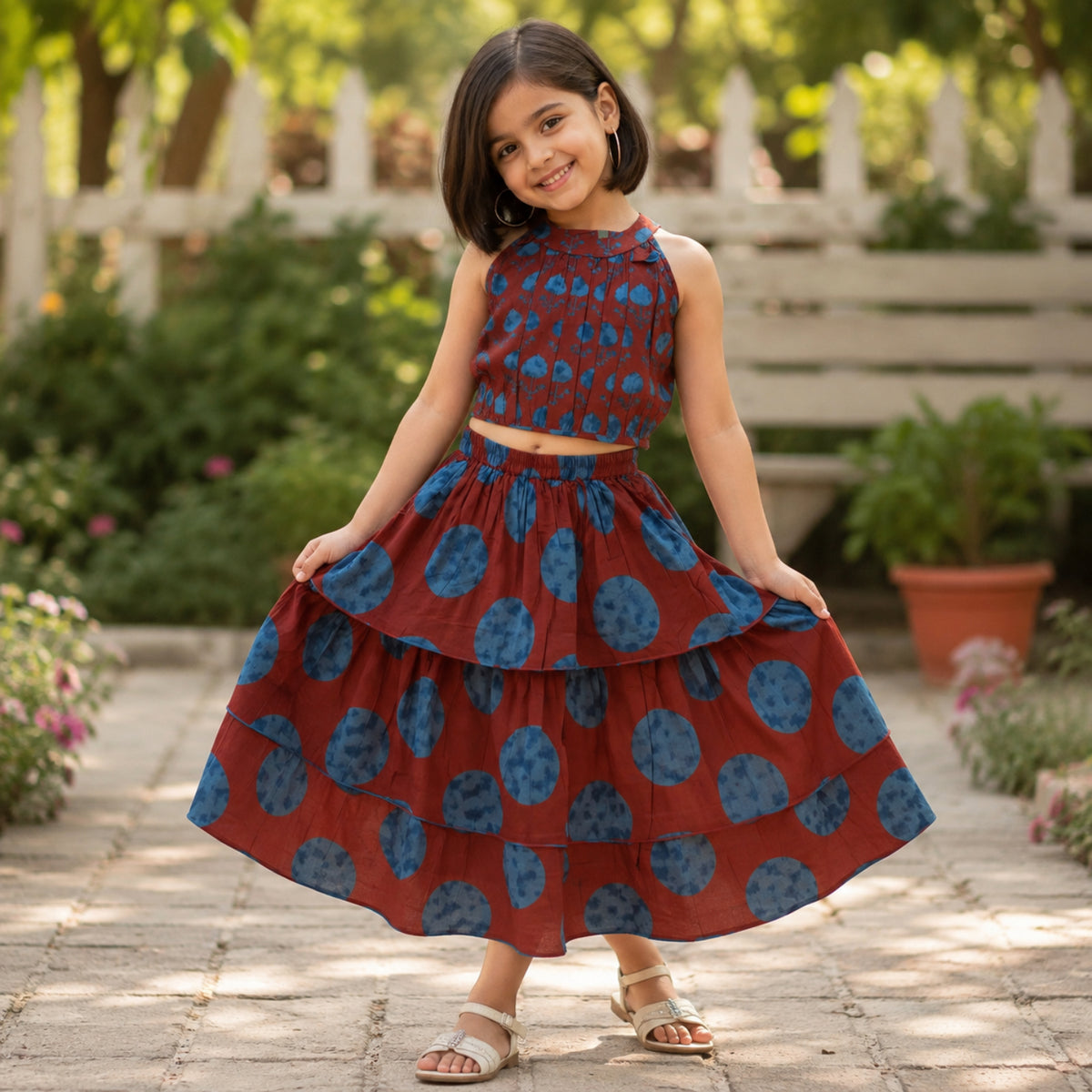 The Magic Wand Cambric Woven Tree Printed Crop Top And Oversized Polka Dots Tiered Skirt Set - Rust