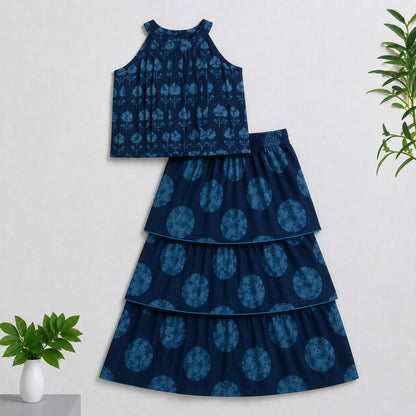 The Magic Wand Cambric Woven Tree Printed Crop Top And Oversized Polka Dots Tiered Skirt Set - Navy Blue