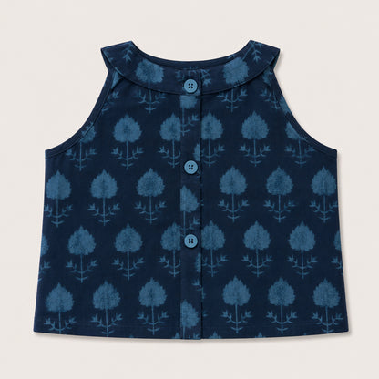 The Magic Wand Cambric Woven Tree Printed Crop Top And Oversized Polka Dots Tiered Skirt Set - Navy Blue