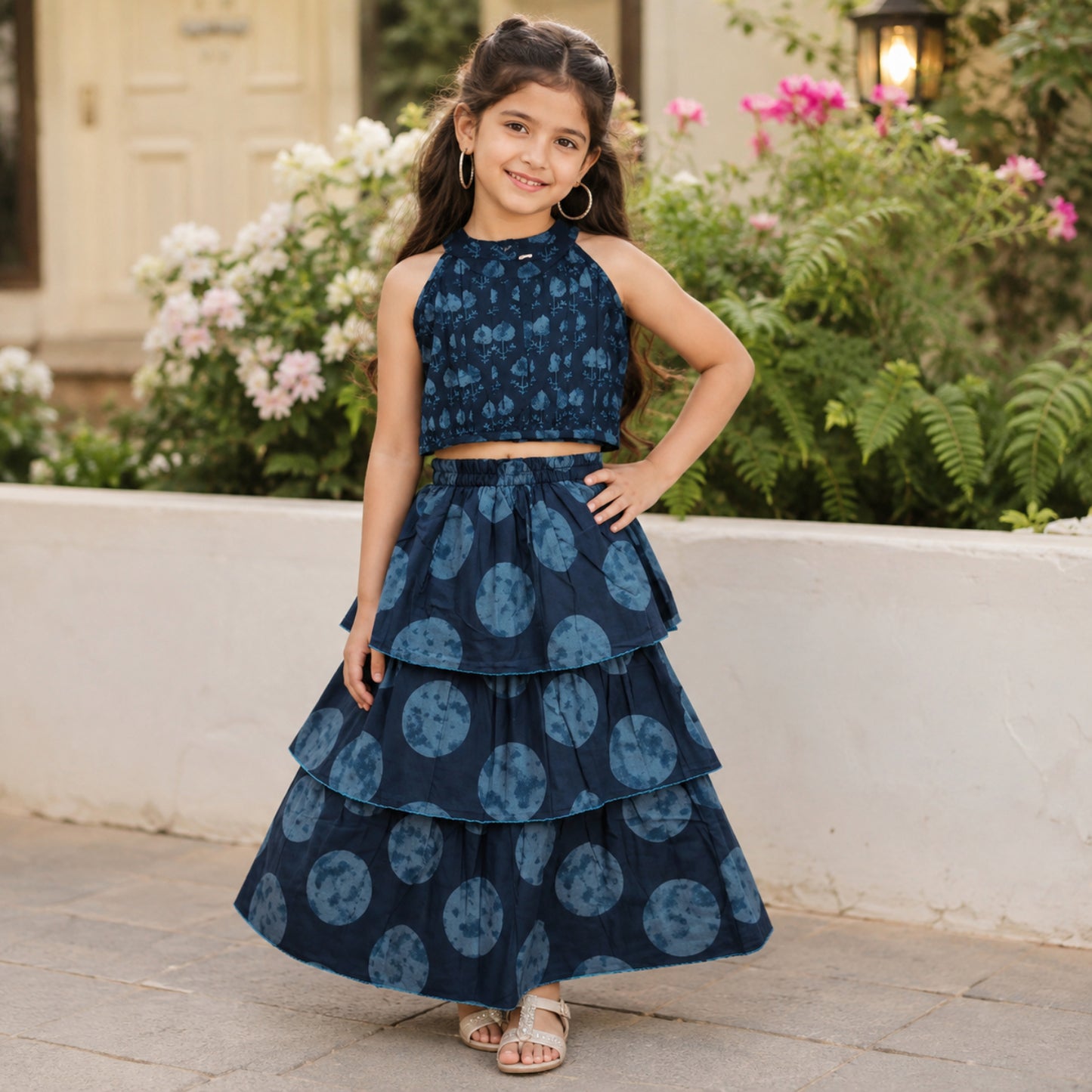 The Magic Wand Cambric Woven Tree Printed Crop Top And Oversized Polka Dots Tiered Skirt Set - Navy Blue