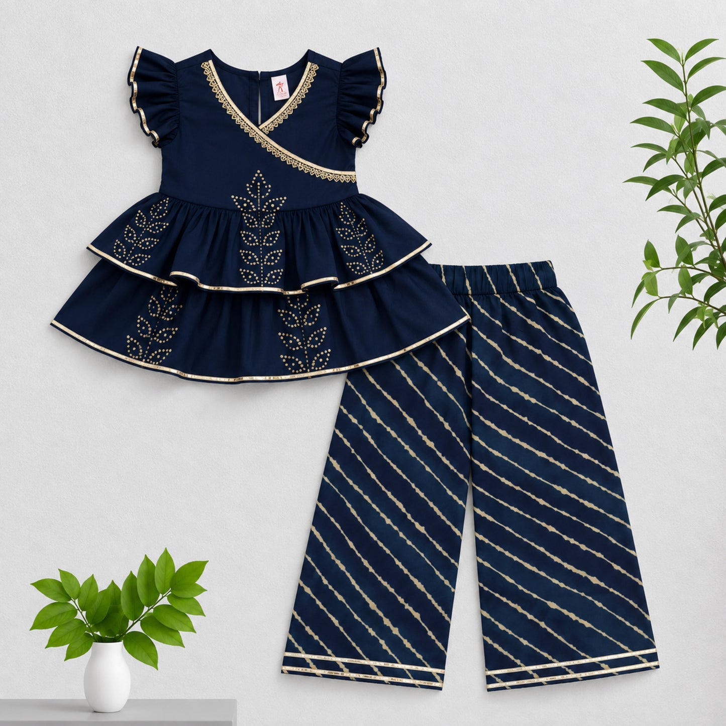 The Magic Wand Cambric Woven Ruffle Sleeves Leheriya Printed Layered Peplum Top And Pant Set - Navy Blue