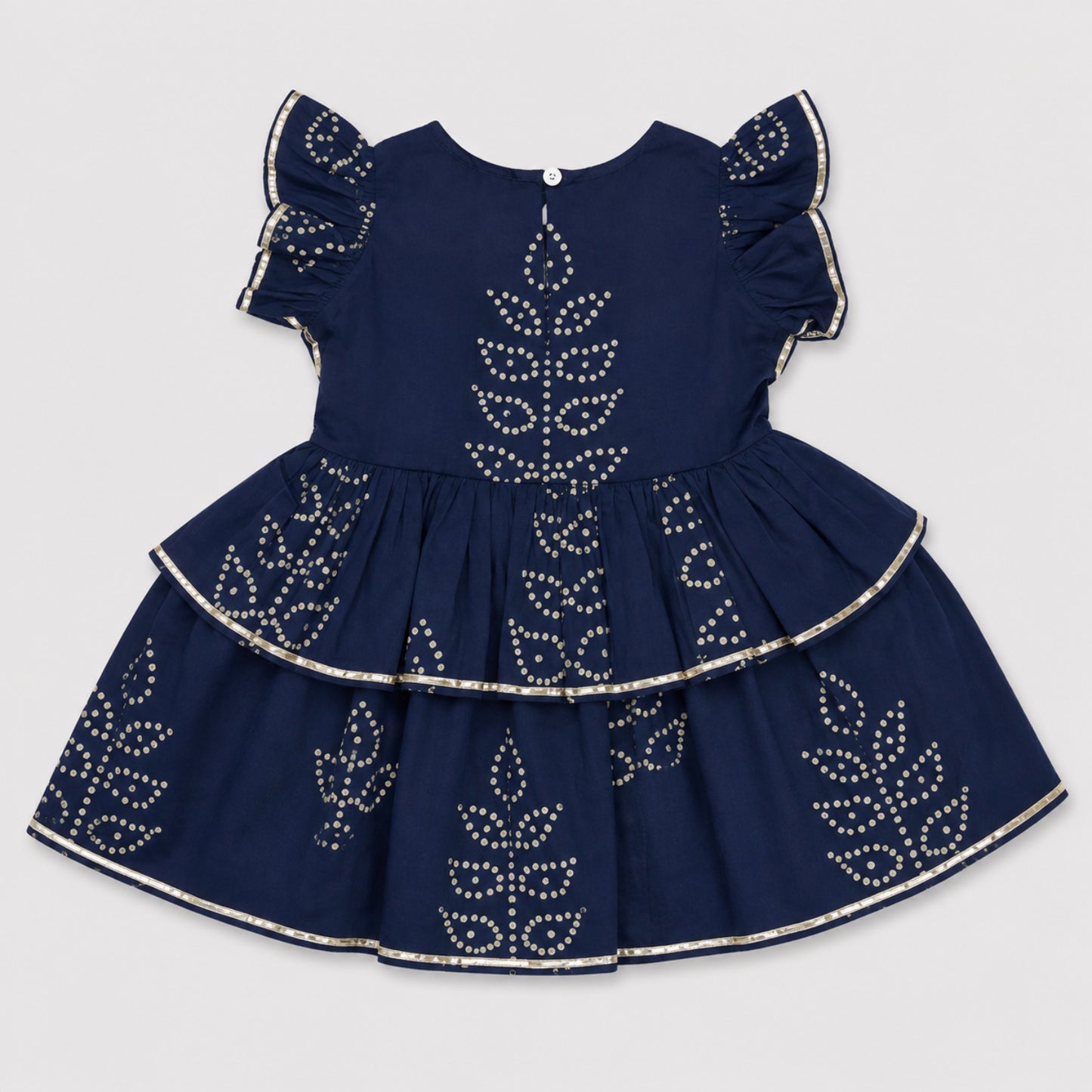 The Magic Wand Cambric Woven Ruffle Sleeves Leheriya Printed Layered Peplum Top And Pant Set - Navy Blue