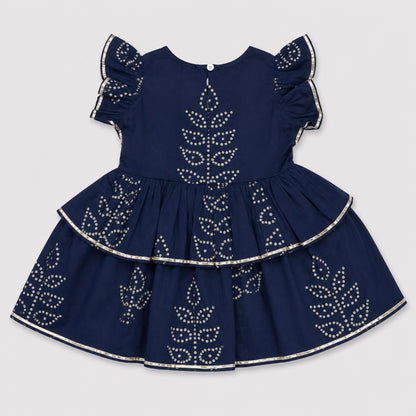 The Magic Wand Cambric Woven Ruffle Sleeves Leheriya Printed Layered Peplum Top And Pant Set - Navy Blue
